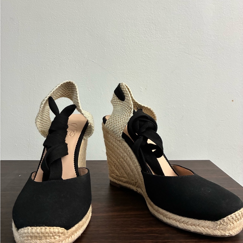 J. Crew Black and Cream Canvas Espadrille Wedges - Picture 4 of 5